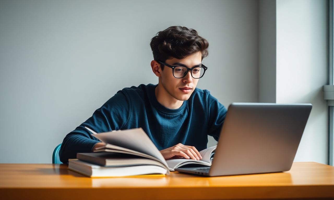 Confident learner in an online coaching session with a laptop and notes