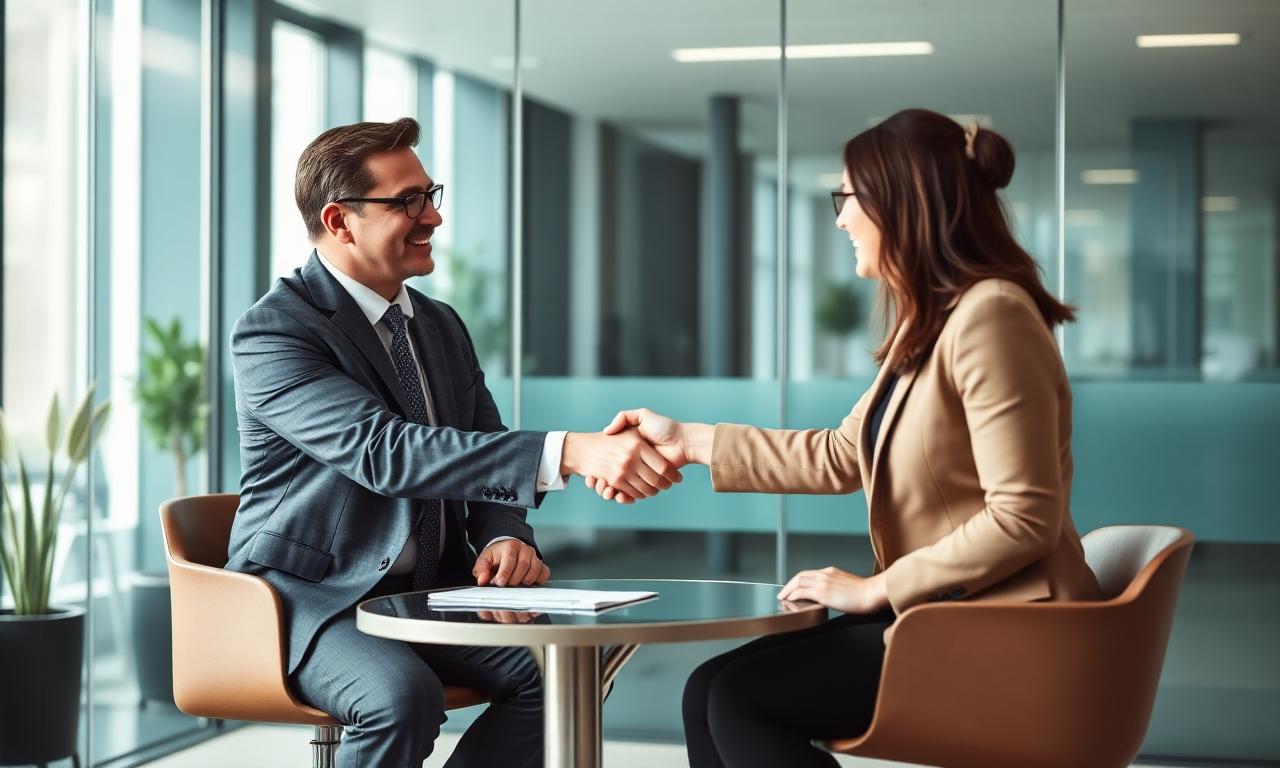 Professional interview scenario in a modern glass office