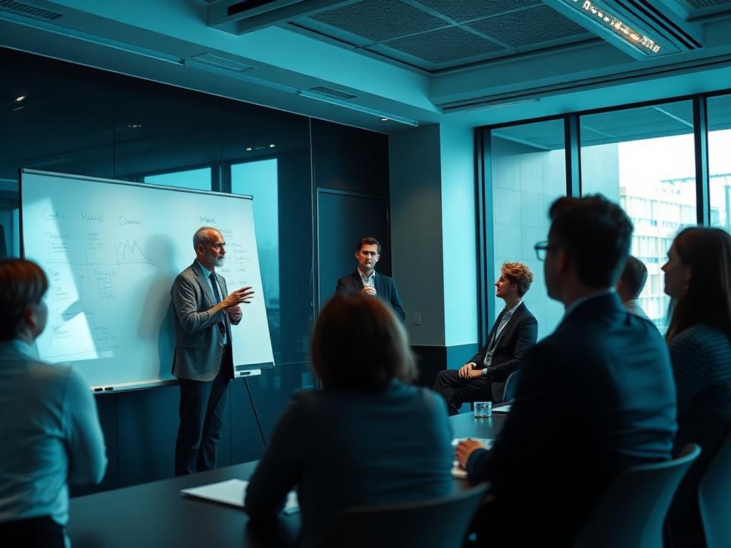 Trainer facilitating an interactive workshop for professionals in a modern corporate training room