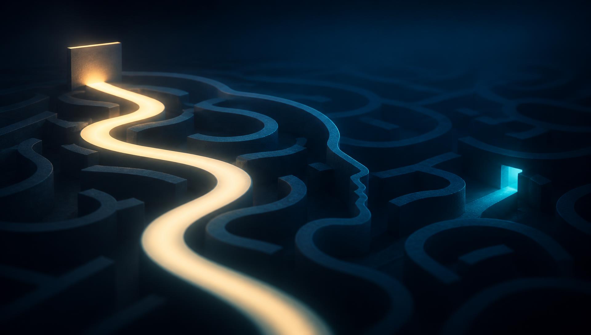 Abstract navy and teal maze with one bright path leading the wrong way and a small overlooked opening
