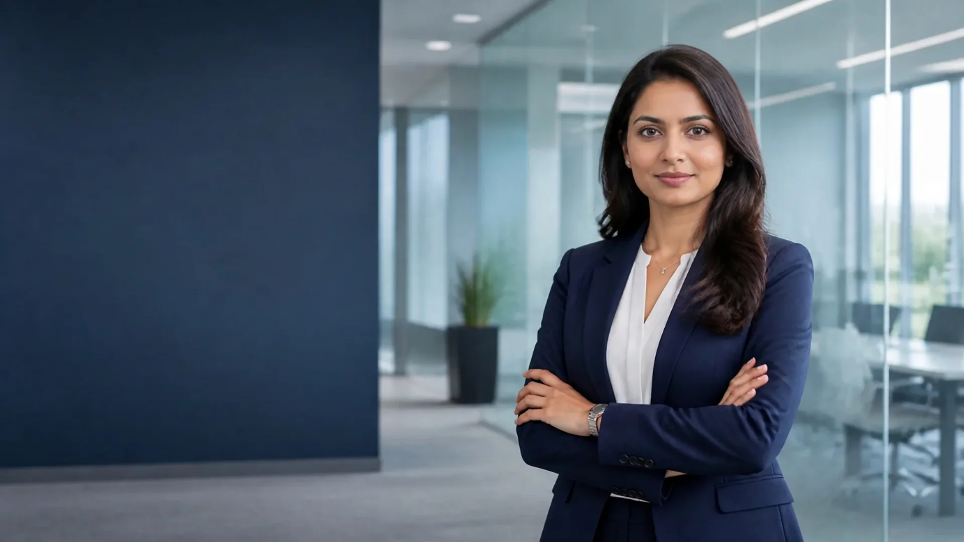 Professional woman in formal business attire standing confidently in a modern corporate office setting